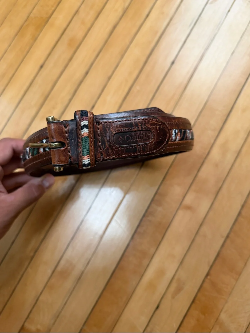 Vintage Y2K Columbia Brown Leather Belt Southwest Woven Tribal Inlay Sz. 40/100
